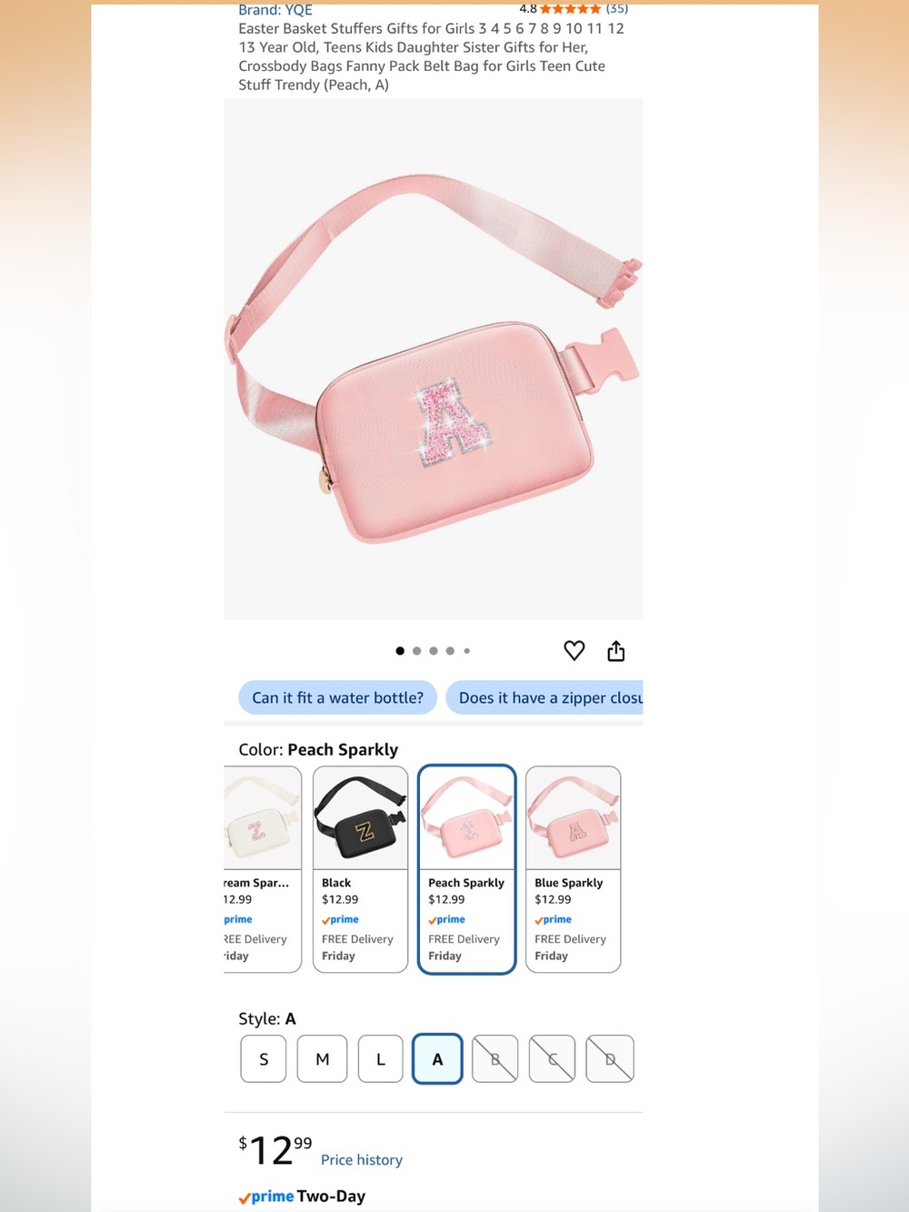 Sparkly Peach Kids Belt Bag with Letter A